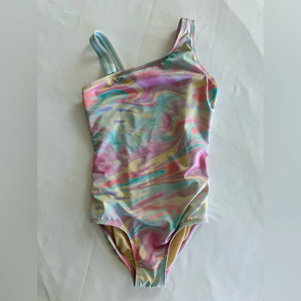 4/$20 LANDS END One-Shoulder Swirl Print Girls' Swimsuit in Pastel Rainbow - 7S